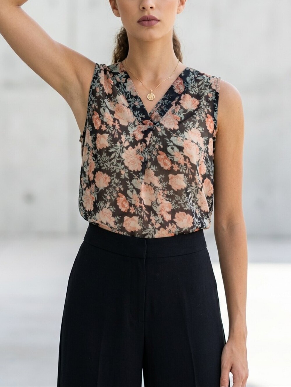 Peach Floral V-Neck Sleeveless Camisole on Black